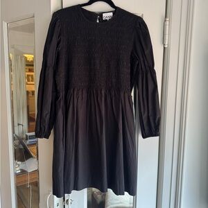 Ganni Textured Black Long Sleeve Poplin Dress